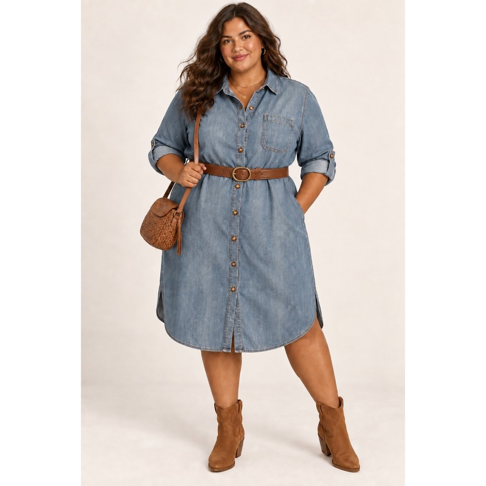 Lane Bryant Plus 3X 100% Cotton Chambray Denim Shirt Dress Belt Western Capsule
